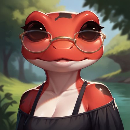 (((detailed, beautiful, high quality))), score_9, score_8_up, score_7_up, solo, upper body, portrait,
grungrace, anthro frog,
1 girl, female focus, red skin, glasses, black dress, spots,
looking at the viewer, posing, 
blurred background, fantasy background,
