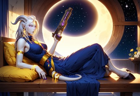 (absurdres, best quality, masterpiece:1.4), score_9, score_8_up, score_7_up, score_6_up, detailed, detailed body, detailed face, world of warcraft, fantasy, <lora:add-detail-xl:1.5>,

fFaceDetail, (female, draenei, h0rns, ram horns, white horns, tall, athletic arms, pale white skin, long white hair, purple eyes, long white tail, long fingers, purple fingernail polish), 

(long loose blue dress, yellow silk scarf, tail under dress, simple armlet, small yellow gem pendant, small yellow gem earrings),

portrait, side view, looking to viewer, angered face, (lying down, lying on bench, lying on side),

GunMonk, shotgun, full body, side view, (window in background, outer space in background, stars, no clouds, moon), metal wall, limestone furniture, sitting at table, legs on table, leaning back in chair