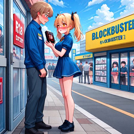 absurdres, explicit, blockbuster, storefront, character print dvd case, holding, 1girl and 1boy, a petite female, shy, blush, unhappy, angry, sweat, breasts, parted lips, twintails, short dress, a tall male, pants, employee uniform, height difference, glass door, glass wall, full body, road, shoes, signboard, R18 dvd case, R18 text poster, street, crowd, people, 6+boys, profile, outdoor, sky, cloudy sky, looking inside, <lora:girllikeblockbuster_ilxl:1>
