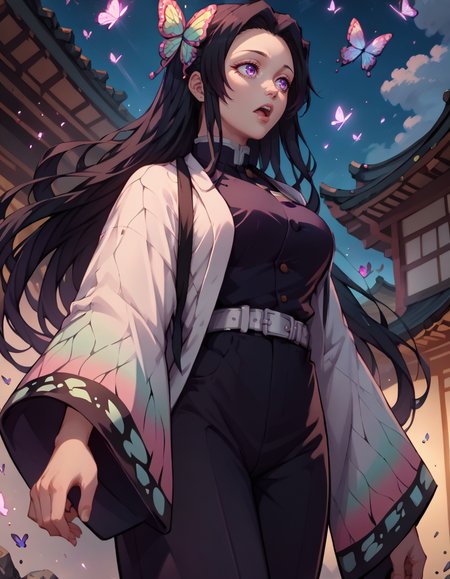 score_9, score_8_up, score_7_up,score_6_up, score_5_up, score_4_up ,1girl, solo,
large breasts,
kanaekochodg,
long hair, black hair, hair ornament, purple eyes,
japanese clothes, long sleeves, wide sleeves, demon slayer uniform, butterfly print, white belt, black pants, black jacket,
glowing, 
floating hair,
open mouth, 
from below,sheathed,looking to the side, 
night, east asian architecture, debris, light particles, 
 <lora:KanaeKochoDG PonyXL v01:0.90>