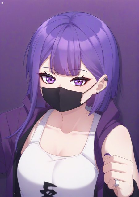 1girl, tanaka mamimi, by kodoto, asymmetrical bangs, black mask, blunt bangs, collarbone, diagonal bangs, ear piercing, earrings, jacket, jacket partially removed, jewelry, looking at viewer, nail polish, piercing, punk, purple eyes, purple hair, purple jacket, ring, shirt, sleeveless, sleeveless shirt, solo, upper body, <lora:KHG:0.9>