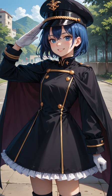 score_9, score_8_up, score_7_up, source_anime, smile,, close portrait,
,bbsajuna,blue eyes,peaked cap,black headwear,blue hair,short hair,hair between eyes,bangs,black cape,dress,(black dress:1.4),long sleeves,(white gloves:1.1),(black skirt:1.4),frilled skirt,socks,black socks,boots,black footwear,outdoors,standing,:d,salute, <lora:Inui Sajuna :0.8>