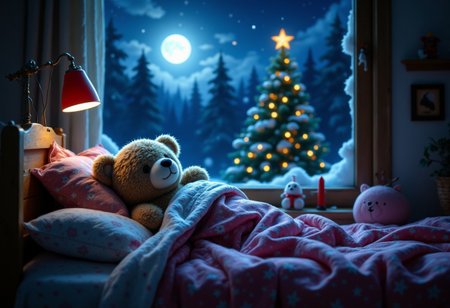 Christmas night, cute bear doll sleeping in bed, by window, moonlight, 
aidmafluxpro1.1