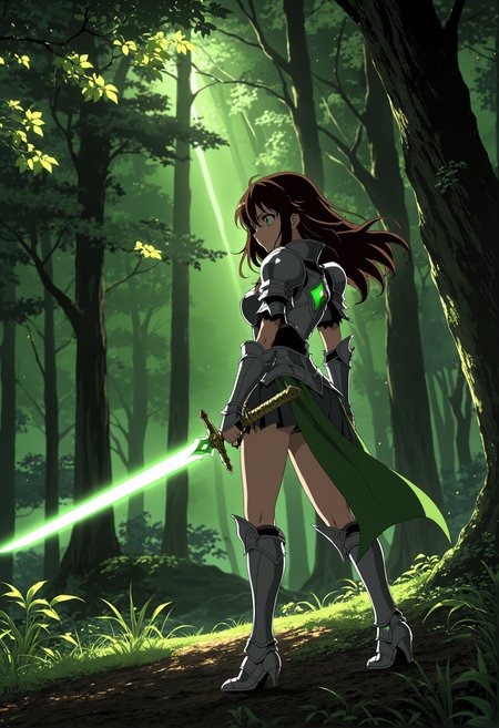 anime screencap, beautiful detailed anime girl, glowing green sword, dark forest background, intense gaze, wind blowing through hair, dynamic lighting, dramatic pose, armor, fantasy setting, intricate details.
Chiaroscuro lighting – Strong contrasts between light and dark, creating a dramatic effect.
Standing tall with the sword planted firmly in the ground, hands resting on the hilt, intense gaze forward



