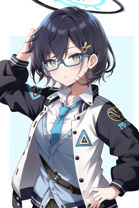 chihiro(blue archive), 1girl, solo, necktie, glasses, halo, jacket, blue necktie, short hair, hair ornament, multicolored jacket, looking at viewer, shirt, blush, green eyes, white shirt, upper body, two-tone jacket, open clothes, heart, long sleeves, collared shirt, open jacket, hair between eyes, bangs<lora:chihiro:0.8>
