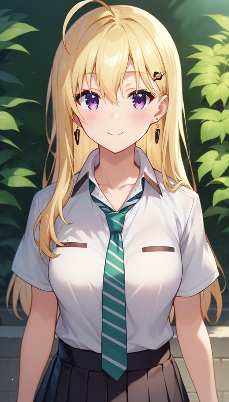 score_9,score_8_up,score_7_up,score_6_up BREAK official art,solo,outdoors,upper body,(portrait:1.5),looking at viewer,facing viewer,smile,blush,Ayase Saki,ahoge,long hair,blonde hair,hair ornament,hairclip,jewelry,earrings,hair between eyes,bangs,purple eyes,collarbone,school uniform,white shirt,dress shirt,collared shirt,green necktie,striped necktie,short sleeves,medium breasts,skindentation,miniskirt,black skirt,pleated skirt,black socks,loafers,brown footwear,<lora:Ayase Saki(gs)-Pony:1.5>,