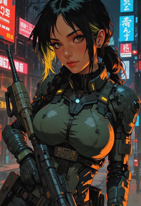 magnificent, closeup portrait, female bounty hunter, braided black hair, two tone hair, blonde highlights in hair, futuristic armor, sci-fi, sleek armored bodysuit, shoulder plates, hip plates, sexy, curvy, large breasts, large ass, rifle, aiming rifle, pointing rifle, Cyberpunk City, Neon Lights, foreshortening, neck tattoo,
looking at viewer, solo, smirk, cocky smirk, godrays, raytracing, 
Cowboy Shot, close up, from above,