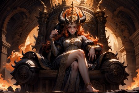 BGMizora, 1girl, cute, sexy, smirking, horns, red eyes, dress, orange hair, grey skin,  <lora:BGMizora:0.7>,
sitting on a throne, in hell, lava in the background, meteors