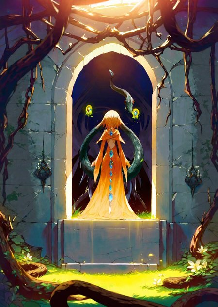by wanke
, by poire
beautiful girl, 
 piercing eyes
 masterpiece, best quality, high quality, highres, absurdres, very detailed, high resolution, sharp, sharp image, 8k, vivid,stunning, anime, aesthetic
In the depths of an ancient dungeon, dimly lit torches cast flickering shadows on moss-covered stone walls. The air is thick with a musty scent, and the distant echoes of unseen creatures add an eerie ambiance. In the center of the dungeon, a courageous girl, adorned in worn but resilient armor, cautiously navigates the labyrinthine corridors.
Her path is illuminated by the soft glow of a magical crystal held in one hand, revealing intricate carvings and ancient runes on the dungeon walls. Sinister vines snake along the edges, hinting at an otherworldly presence. The girl's determined expression and the glint of a hidden key at her side suggest a quest for freedom or treasure, as she bravely faces the unknown challenges that lie ahead in this fantastical underground realm.