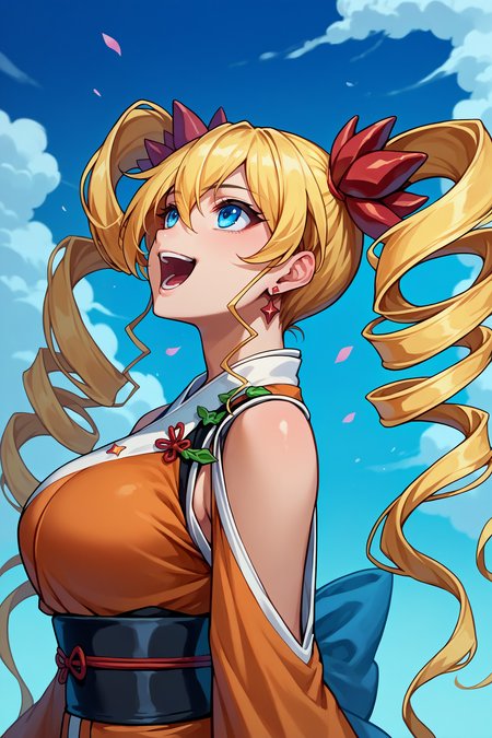 score_9, score_8_up, score_7_up, score_6_up, source_anime, 1girl, solo,  <lora:claireharvey-pdxl-nvwls-v1-000005:1> clrhrvy, twintails, twin drills, blonde hair, blue eyes, earrings, large breasts, orange kimono, sash, wide sleeves, happy, bare shoulders, blue sky, looking up, happy, open mouth, from side, clouds