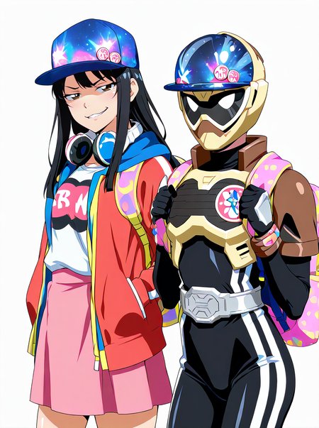 masterpiece, best quality, amazing quality, very aesthetic, absurdres, newest,shiny skin  anime screenshot,  anime coloring,   2girls side-by-side,  simple background,  white background, 
BREAK <lora:SaibaNicoILL:1>saibanico, 1girl, , black hair, jacket, hat, headphones, long hair, headphones around neck, skirt, baseball cap, shirt ,  smirk smug, 
BREAK <lora:RidePLayerILL:1>rideplayer, 1girl, female focus, , helmet, mask, bodysuit, belt, hat, bag, backpack