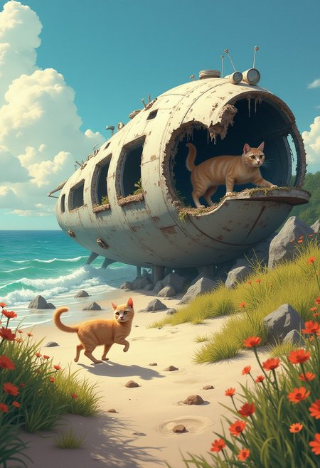 award-winning photography, photo of a cat inside a destroyed badly damaged space ship in a beautiful beach, Cats running around:1.5, (Broken windows, broken body, spare parts scattered nearby.) Grass and flowers grow around it. Sunny summer day. ocean. Calm and beautiful. Detailed art, many details, cute, adorable, fairytale, storybook detailed illustration, cinematic, ultra highly detailed, beautiful details, vibrant colors, complex background, fine art, best quality, hyper detailed, professional poster art, bold lines, award winning, trending on ArtStation , (intricate details, masterpiece, best quality:1.4), aesthetic and beauty, astounding details, high depth of field, f/4, framing, breakthrough, collodion process, soft particles, ageless atmosphere, (maroon and marigold colors:0.1),dark, chiaroscuro, low-key,, jen