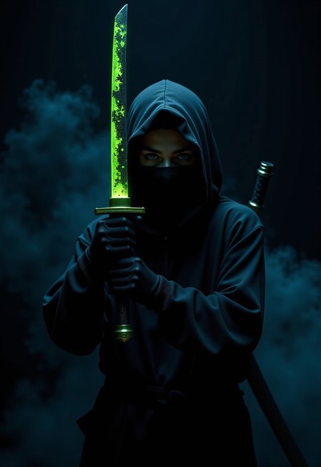 aidmaimageupgrader, they glow at night, a high quality digital image of a female ninja wearing a full black ninja outfit, she is standing against a black background and shrouded in smoke. She is crouching and holding up a small short ninja sword half removed from its scabbard, the visible section of the sword is made from an intricately detailed green and black matrix glitch material