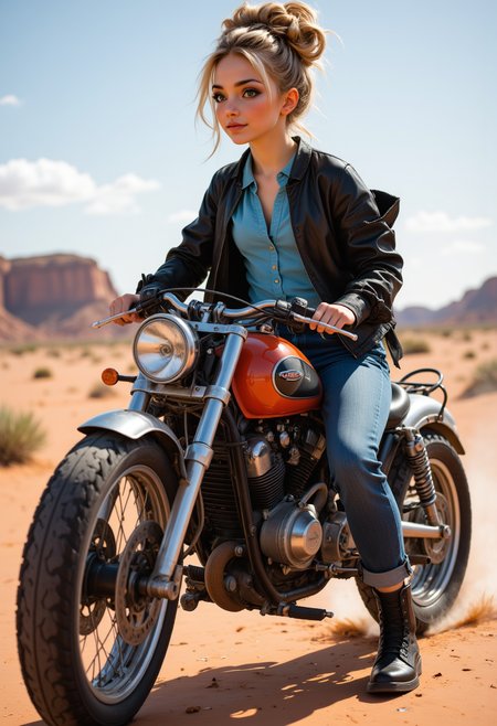 profile headshots, She is approximately 18 years old, full body view, dynamic angles, multiple angles, photoshoot poses; A photo of Cynthia, is painted in a realistic style. She is wearing a blue shirt and a black jacket, blue jeans and black boots,and her hair is in a bun. she is riding a rocket with a saddle on it, through the desert,  The painting captures her smiling expression and the details of her outfit. which adds to the focus on the girl's face and her outfit. The overall composition is a beautifully rendered portrait of a young girl. 32k UHD, expressive eyes, punk, graphic design, girl's face, pretty and cute, gleaming lips, telling a tale of adventure. Exuding confidence and serenity. The overall mood of the image is happy and relaxed,detailed skin texture,(blush:0.2),(goosebumps:0.3),subsurface scattering,with a playful and whimsical tone, aidmaHyperrealism, aidmarealisticskin,Niji style,
