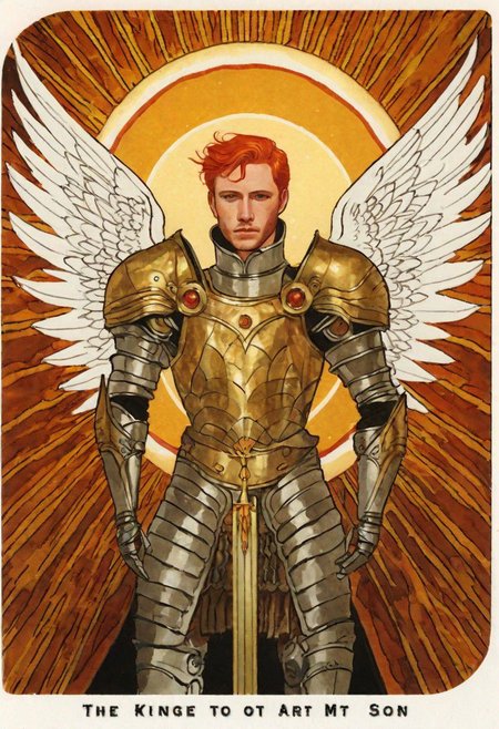 ((art deco)), art by Seb Mckinnon, beautiful man in elegant armor, groom, red hair, halo, (red angel_wings), golden skin, jewelry, golden arc, fiery sun, 5 wings