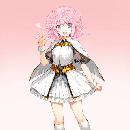 <lora:RanceX_pack_1:1.2>,Rance_10_art,Sill_Plain,short hair,pink hair,1girl,solo,white dress,white capelet,short sleeves,white kneehighs,belt,full_shot,front view,looking_at_viewer,simple background,standing,smile,open mouth,open eyes,waving,heart,pink background,gradient background,