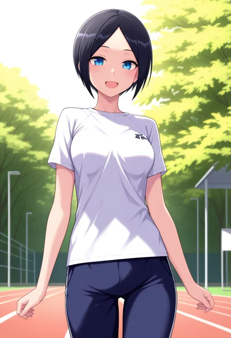 masterpiece, best quality, amazing quality, 1girl, solo, cowboy shot, eriww, blue eyes, black hair, short hair, parted bangs, medium breasts, t-shirt, short sleeves, track pants, looking at viewer, smile, open mouth, outdoors, day, skindentation, detailed clothing folds, depth of field, sharp, high contrast, dynamic light <lora:Eri_Todo_Iitai_Koto_wa_ill_v21:0.9>