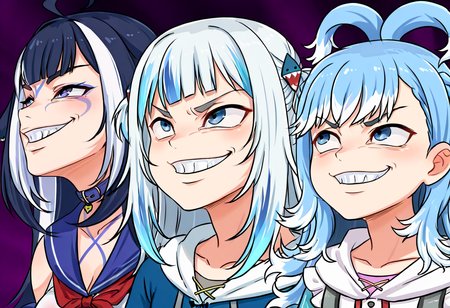 (masterpiece, high quality, amazing detail), highres, getter team pose meme, smile, 3girls, grin, meme, gawr gura, kobo kanaeru, shylily,  <lora:getter_team_pose-15:1>