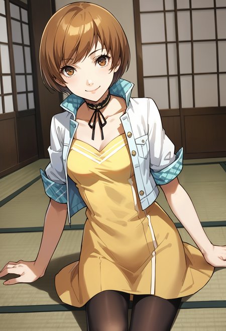 score_9, score_8_up, source_anime
1 girl, solo, cute face,
p4chie, satonaka chie, short hair, brown hair,
p4chie-timeskip, dress, yellow dress, choker, jacket, open jacket, sleeves rolled up, pantyhose, black pantyhose
indoors, tatami, looking at viewer, smiling,
masterpiece, best quality, ultra detailed,