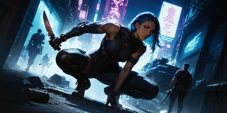 (score_9, score_8_up, score_7_up, masterpiece, , best quality, high quality, highres, cinematic shot, thick lineart, sharp edges, cel shading, linear hatching, neon lights, cyberpunk ctiy, panorama),
BREAK
dutch angle, full side, solo, 1women, dark-skinned female, solo, long blue hair, red eyeliner,  holding knife, (cyborg, cybernetic neck, bionic torso, bionic skin:1), military bodysuit, squatting, sneaking, behind man in military uniform,
BREAK
military building,
<lora:add-detail-xl:0.8> <lora:Perfect Hands:0.8> <lora:Concept Art Twilight Style SDXL_LoRA_Pony Diffusion V6 XL:0.8> <lora:Expressive_H:0.8> <lora:sinfully_stylish_SDKL:0.8> <lora:zavy-cntrst-sdxl:0.6>