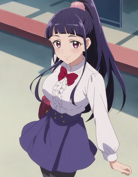 score_9, score_8_up, score_7_up, anime screencap, solo,1girl,izayoirikomd,skirt, smile, shirt, looking at viewer, purple skirt, bowtie, white shirt, black pantyhose,red bowtie, long sleeves, center frills,cowboy shot,large breasts,blush,high ponytail<lora:izayoirikomd:0.8>