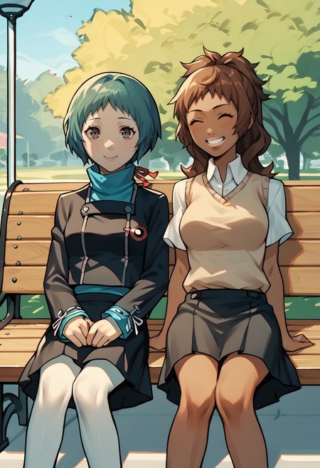score_9, score_8_up, score_7_up, source_anime, 2girls, sitting, happy, outdoors, park, bench, BREAK
shy smile, <lora:zs_FuukaXL:1> fuukadef, aqua hair, short hair, grey eyes, school uniform, green turtleneck, skirt, white pantyhose BREAK
grin, closed eyes, <lora:zs_NatsukiXL:1> natsukip3, brown hair, ponytail, brown eyes, dark skin, sweater vest, large breasts, skirt