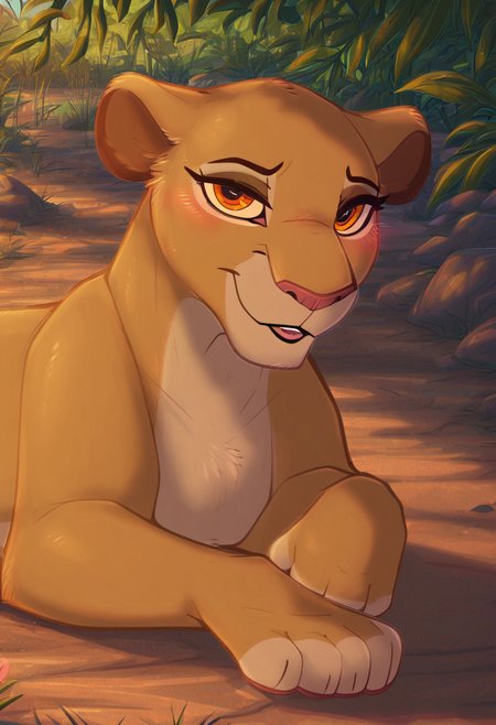 zPDXL, score_9_up, score_8_up,_7_up, score_6_up, score_5_up, score_4_up ,source_furry, best quality, amazing quality, masterpiece, 1girl, looking at viewer, solo, fullbody, cute, blush, cute smile, cute pose, out doors, savanna, jungle, leafs, sand, sarabi, lioness. brown-cream fur, orange eyes, lion tail, <lora:Sarabi:0.8>, dimwitdog, <lora:dimwitdog:1>, Expressiveh, <lora:Expressive_H:0.8>, <lora:Detail_Slider_v1.4_iteration_3:4>