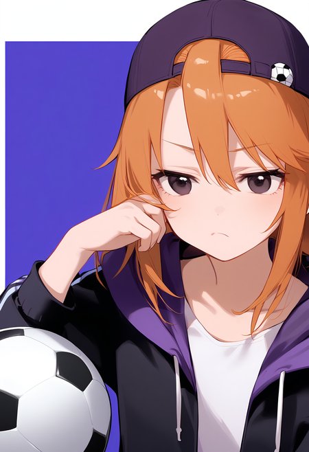 1girl,
yuuki haru,


meme, hand on own face, open clothes, backwards hat, blue background, solo, orange hair, soccer ball, hooded jacket, hand on own cheek, hood, long sleeves, black eyes, closed mouth, white border, frown, hair through headwear, open jacket, head rest, jacket, border, simple background, backwards jacket, hat, purple hat, drawstring, parody, medium hair, ball, black jacket, baseball cap, hand up, tomboy, outside border, hood down,

sfw
<lora:a31_char_new_yuuki_haru-000014:1> <lora:a31_style_koni-000010:0.8>