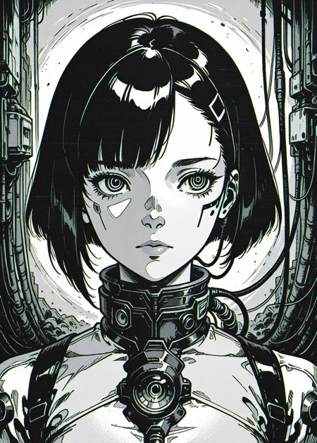 1 girl, solo, ringed eyes, cable, uneven bangs,  portrait, wolfcut hair, mechanical eyes
hatching \(texture\), sci-fi, illustration, retro,