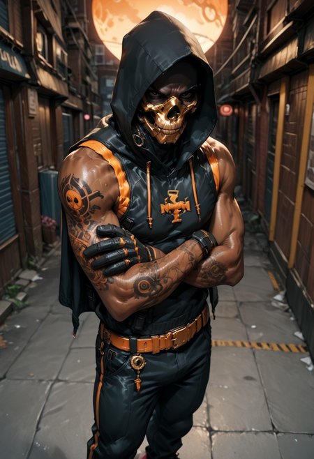 score_9, score_8_up, score_7_up, score_6_up, score_5_up, score_4_up,
detailed_eye_model, black sclera, purple eyes, mask, mouth mask, skull mask, 1man, solo, dark skin, sleeveless, crossed arms, folded arms, annoyed expression, tattoos on arms, looking away, facing away from viewer, body facing the left, humb3rt0, bird-eye view, high-angle view, orange stripes on clothings, side view, gold belt, black pants with gold stripes, golden sun symbols on clothings, sun symbols, exposed arms, sleeveless, rear view, full body, big thighs,
warm deep brown skin tone, detailed tribal tattoos on chest and arms, he wears a dark hooded cloak made of heavy textured fabric with a matte finish and primarily black with a thin orange trim along the edges, hoodie open to reveal his torso, tight-fitting black pants made of a durable leather-like material with subtle orange accents along the seams and pockets, his face is partially covered by a futuristic black mask with a glossy finish and orange patterns, the character stands with his arms crossed, exuding confidence, accessories include a black tactical belt with various pouches, black gloves with a high-tech design, 
position him in a futuristic cyberpunk alleyway at night, with neon lights reflecting off the wet ground, feet out of frame,