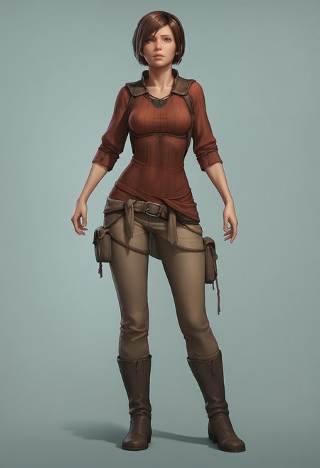 score_9, score_8_up, score_7_up, score_6_up, score_5_up, score_4_up, 1girl, <lora:LeahD3:0.85>, solo, breasts, brown hair, short hair, lips, brown eyes, shirt, pants, boots, full body, standing, 
(light blue background), simple background,
