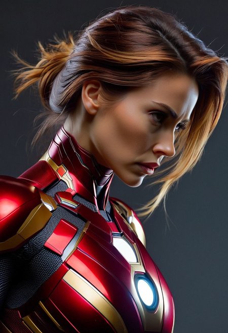 A woman's upper body is clad in a sleek, hyper-realistic Ironman suit, with metallic red and gold armor plating glistening under soft, cinematic lighting, set against a blurred, dark grey background, with a shallow depth of field, emphasizing the intricate details of the suit's texture and the subject's determined expression, in a photorealistic style reminiscent of a high-end digital painting.