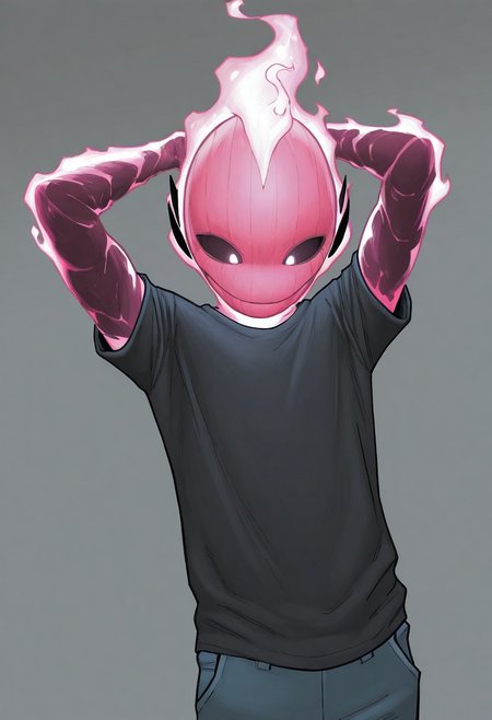 masterpiece, absurdres, high quality, perfect anatomy, 1boy, solo, cute boy, male focus, doyle, Pink Fire, Black Scelera, colored scelera, t-shirt, shy smile, hand behind head, cinematic, intricately detailed illustration, depth of field, masterpiece, best quality, amazing quality, very aesthetic, absurdres, newest, very awa,  shadow, dynamic angle, casual cosplay, dynamic pose, simple background,