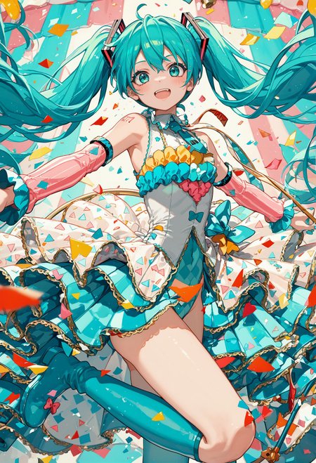 score_9, score_8_up, score_7_up, best quapoty, highres, absurdres, source_anime, 1girl, hatsune miku, colorful leotard, circus, <lora:pony_circus:1>