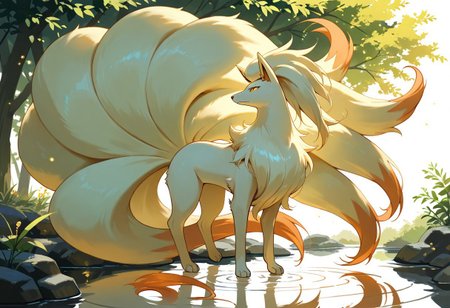 masterpiece, best quality, solo,  zzNinetales, female, amber eyes, walking beside a crystal-clear pond, glowing water ripples, serene and tranquil atmosphere, soft lighting, detailed water effects, fur, fluffy tails, fluffy body, viewed from side,