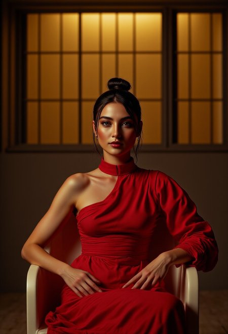 professional photo. cinematic style. masterpiece.
The front view is close, at eye level. This is a shot from a movie with a turkish woman with green eyes, sitting in a darkened environment, black hair in bun.  She is wearing a strict red tight-fitting dress with cleavage and a high collar to the middle of her thighs. charismatic tatoo on her left arm. Relaxed pose, bare arms, hands resting on the railing of the chair.  She crossed her legs. Feminine figure, wide hips. Perfect hands. She has a confident expression on her face and playful twinkles in her eyes, Looking at us. The chair she's sitting on is white. The overall atmosphere of the shot is seductive sophistication and cold passion, minimalism and clean lines. exquisite seduction. The frame of the film is made qualitatively, professionally, with a clear focus.(woman is brightly illuminated by soft artificial light). 
The background is made in a minimalist style, with a gradient of dark yellow tones, far behind in defocus is an illuminated wall of rectangular panels, which enhances the airy atmosphere of the scene and the depth of field. The overall composition looks cinematic.  Beautiful bokeh. Hollywood Cinematic Film style.  indirect sexy lights.  lighting focus on the character.
(depth of field), Alyona