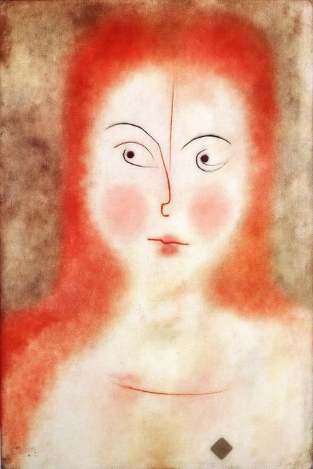 paulklee1 painting.
A face with a minimalist design. The face is depicted with an elongated profile, characterized by a subtle, curved nose and a small, indistinct mouth. The figure's long red hair blends into the background.
  <lora:paulklee1_cap_d8a4e12:1.0><lora:839870963706379779:0>