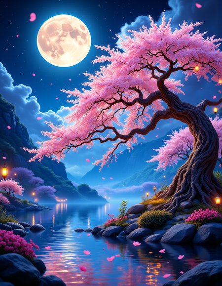 A breathtaking fantasy landscape illuminated by a full moon, its radiant glow casting a soft ethereal light across the scene. Surrounding the moon, delicate pink cherry blossoms drift gently in the night breeze, their petals glowing faintly as they descend. An ancient Japanese-style bonsai tree stands proudly in the foreground, its curved branches elegantly reaching toward the sky. Tiny luminescent orbs, resembling fireflies, pulse with golden light along the textured bark, creating an enchanting, mystical aura.  
Below, the waterâs surface reflects the moonâs brilliance, rippling gently as neon-tinted hues dance across the mirrored landscape. The surrounding environment is bathed in vibrant blues, purples, and soft pinks, blending together to create a surreal and dreamy atmosphere. Wisps of mist rise from the ground, swirling with an otherworldly glow, enhancing the sceneâs magical realism.  
The background extends into a neon-lit fantasy world, with softly illuminated floating lanterns and faint shimmering lights in the distance. Every detail is rendered in ultra-high resolution, with hyper-realistic textures and cinematic lighting emphasizing the depth and grandeur of the composition. A masterpiece of fantasy realism, blending dreamlike beauty with intricate natural elegance.
<lora:aidmaMJ6.1_v0.5_3:0.4> aidmamj6.1 <lora:DreamArtFlux:0.15> DreamArt <lora:aidmaMJ6.1v0.4:0.4> aidmaMJ6.1 <lora:FluxMythR3alisticF:0.2> R3alisticF <lora:FluxDFaeTasticDetails:0.15>  <lora:aidmaFLUXpro1.1light-FLUX-V0.1:0.4> aidmafluxpro1.1
