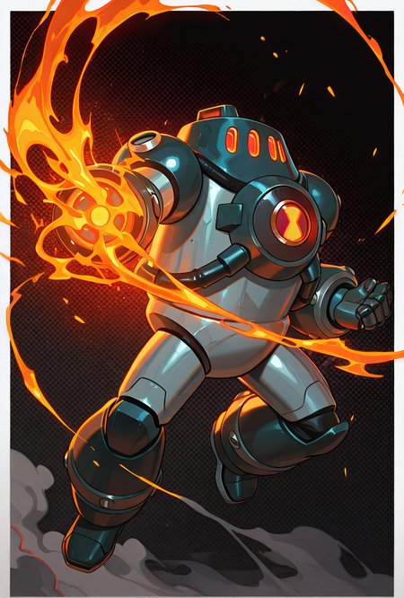 <lora:nrg-06:1> nrg, solo, robot, no humans, armor, red eyes, 3 eyes, dynamic pose, shooting fire, full body, smoke, lava leaking out,, masterpiece, best quality, amazing quality, very aesthetic, absurdres, newest,, upper body, halftone effect, white borders, abstract background:1.2,