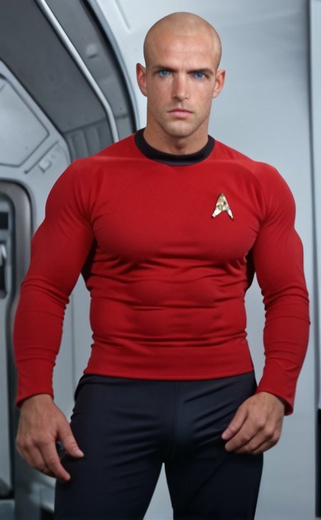 1boy, 20 year old male, Handsome, masculine, blonde, star trek, red shirt, muscle,  tall, tight shirt, wide pectorals, big shoulders, wide shoulders, muscular neck, German, standing at attention, bald, big pale blue eyes, abs, biceps, serious facial expression, phaser, hand, long bulge in his pants, view from below,
1960 black dress pants, pants,
stunf, star trek uniform, uss enterprise ncc-1701 interior background, star trek, space ship interior, 1960s TV,