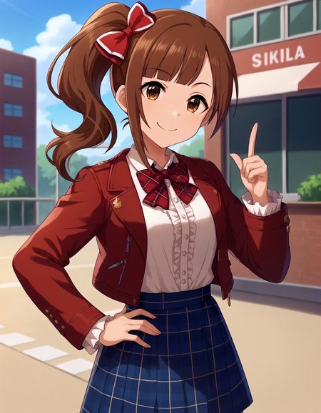 score_9,score_8_up,score_7_up,1girl,solo,cowboy shot,looking at viewer,smile,closed mouth,index finger raised,hand on hip,outdoors,
<lora:igarashikyoko_ponyXLV6:0.8>,cgigk,
brown hair,blunt bangs,side ponytail,brown eyes,
hair bow,red bowtie,white shirt,red jacket,frills,blue plaid skirt