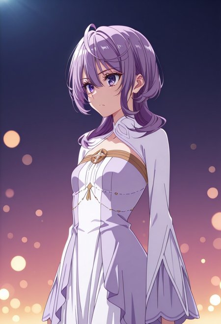 masterpiece, best quality, amazing quality, dynamic view,  solo, dynamic view,  solo, 1girl, masterpiece, best quality, bokeh, luminescent background, 
(philiaadenauer,, 
purple hair, ahoge, long hair, blunt bangs, hair over shoulder, sidelocks, hair betveen eyes, purple eyes, small breasts,
 , closed mouth, serious face,,
  dress, two-tone dress, purple dress, white dress,  long sleeves, purple shoes,,
,),  
portrait, happy