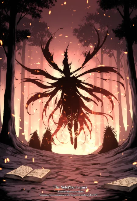 A sentient wildfire takes humanoid form, dancing through a petrified forest where trees stand like blackened sculptures. Its body flickers between flames and flowing crimson silk, embers transforming into brief-lived sparrows that take flight before vanishing. Charred pages from unknown books swirl in its wake, the text rewriting itself as they burn. Mythic and ephemeral, like a Studio Ghibli spirit conceived by Stephen King's imagination.
 <lora:SH_Sololvl_Style_v2:0.6> sololvl_style
 <lora:DynamicPoseIL2att_alpha1.0_rank4_noxattn_900steps:0.7> dynamic pose
