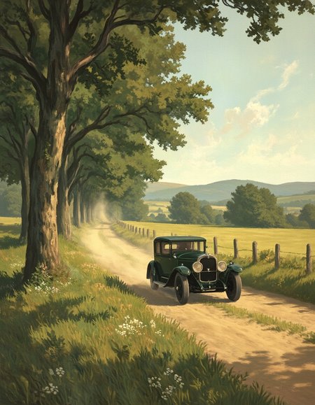 A painting in the style of Edward Hopper, depicting a 1920s car driving through the English countryside. The scene is bathed in soft, golden light of late afternoon, creating long, dappled shadows cast by towering oak trees that line a winding dirt path. The vintage car, with its polished, dark green body and elegant design, is captured mid-motion, dust gently trailing behind it. The foreground features delicate wildflowers and patches of grass, adding texture to the earthy tones of the path. In the distance, rolling hills rise gently under a pale blue sky with a hint of wispy clouds. The overall composition combines Hopper's signature attention to light and solitude with the pastoral charm of rural England.