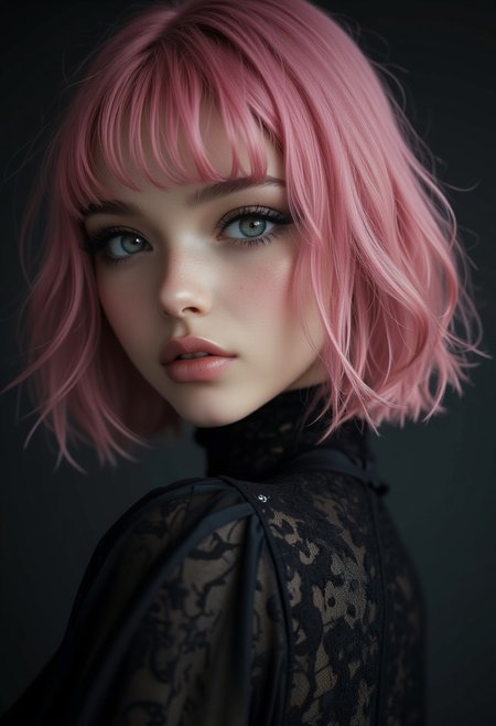 a cute Asian woman, pink hair bob, (hi-top fade), (dark theme:0.9), soothing tones, muted colors, high contrast, (natural skin texture, hyperrealism, soft light, sharp)