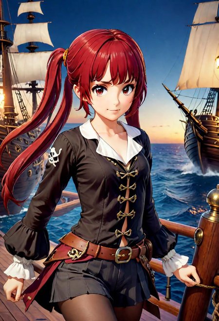 1girl,cute and beautiful face, pirate theme, full body, fighting stance,practical pirate attire, (long-sleeved pirate blouse),pirate hat, looking at viewer,(pirate ship),realistic lighting,masterpiece,photograph <lora:Ami_Arakawa:7>,happy, emotes feelings of adventure,red hair,twintails,smile, sword in hand,in battle
