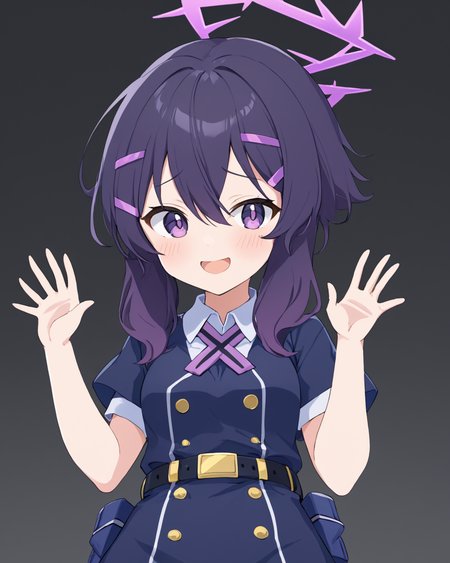 haruka \(blue archive\),1girl, solo, hairclip, looking_at_viewer, black_belt, white_background, blush, smile, open_mouth, simple_background, dress, shadow, collared_shirt, hands_up, short_sleeves, sidelocks
<lora:haruka_(blue_archive)_image830_2023-11-26-000015:1>halo. gorgeous,key visual, vibrant, studio anime,award-winning, professional, highly detailed,high budget, cinemascope