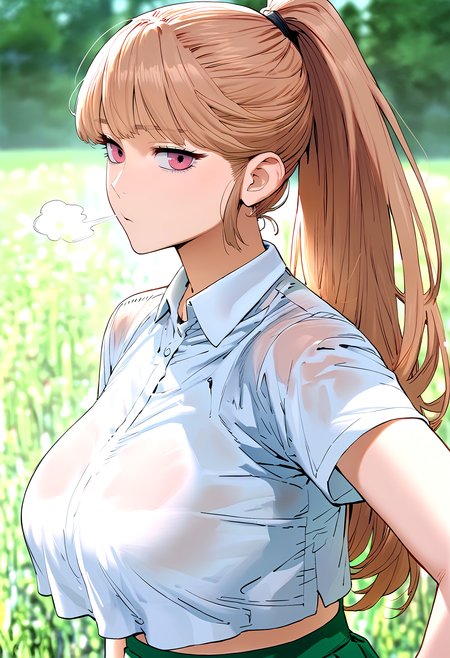 score_9, score_8_up, score_7_up, score_6_up, source_anime, rating_explicit, 1girl, (solo:1.1), huge breasts, <lora:Lee Dahyeponyxl:1>long hair, pink eyes, red eyes, brown hair, blonde hair, orange hair, ponytail, white shirt, collared shirt, short sleeves, crop top, pleated skirt, green skirt, expressionless, Narrow shoulders, heavy breathing, steaming body, grasslands, outdoors, looking at viewer, close-up