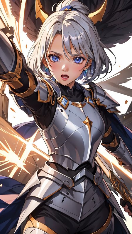 an illustration of a female paladin adorned in holy armor, wielding a sacred sword, furrowed brow, 
masterpiece, best quality, intricate detail, high background detail, high contrast,   <lora:emotion_angry_slider_v1:1> anime screencap,