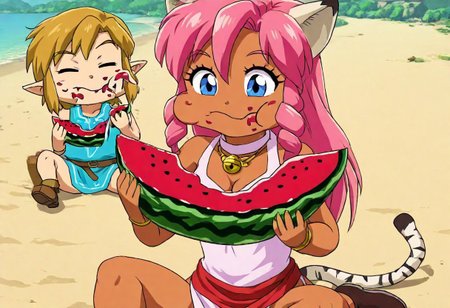 Pink_DragonPink, 1girl, sleeveless dress, white tiger print dress, pelvic curtain, cleavage, cat bell necklace, white tiger tail, red sash, small breasts, leather shoes, masterpiece, very aesthetic, <lora:pink-illustrious:1>, 
Break
1boy,Anime screencap,link (zelda),blonde hair,blue eyes,pointy ears, low ponytail, sidelocks, wearing blue hyilian tunic,
Break
Sunny day at a beach, sitting on beach, eating, comedic expression, happy expression,  closed mouth, chewing, munching, holding, holding food, eating, food in hands, Pink and Link eating watermelon